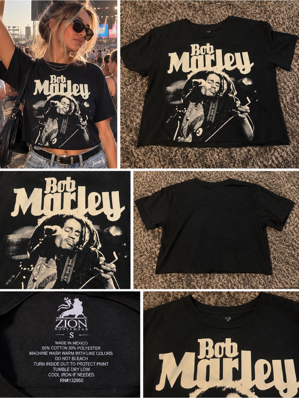 Bob Marley Zion Rootswear Graphic Crop Tee Black Reggae Shirt